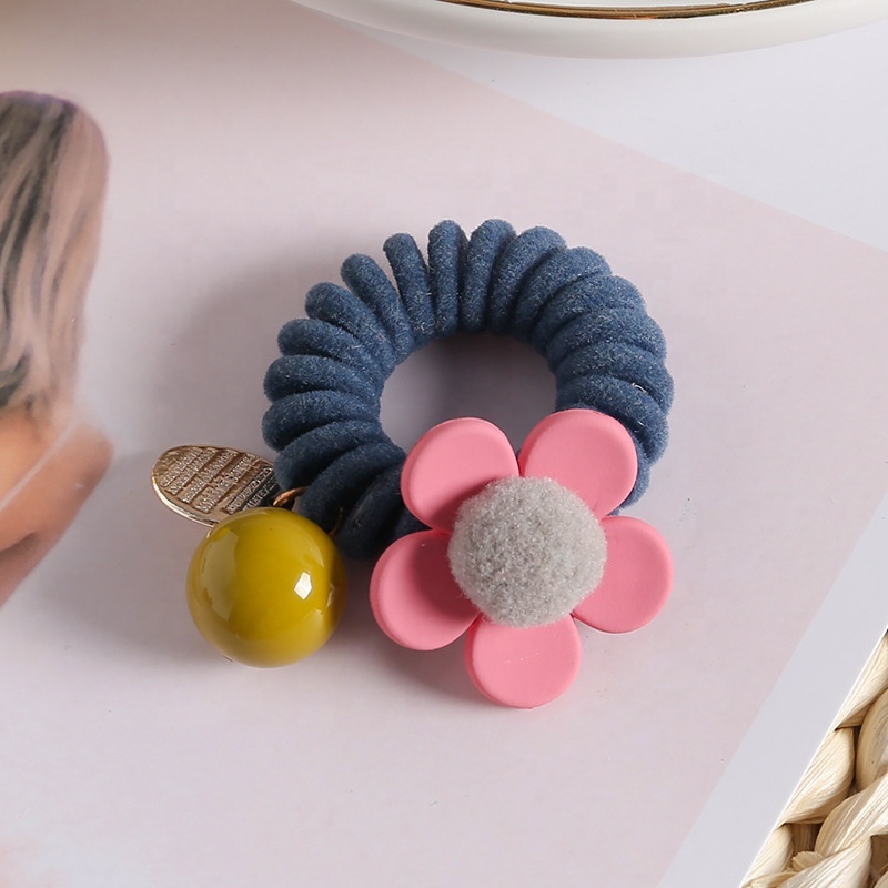 South korea autumn and winter cute flower hair rope new plush telephone wire hair ties with bead