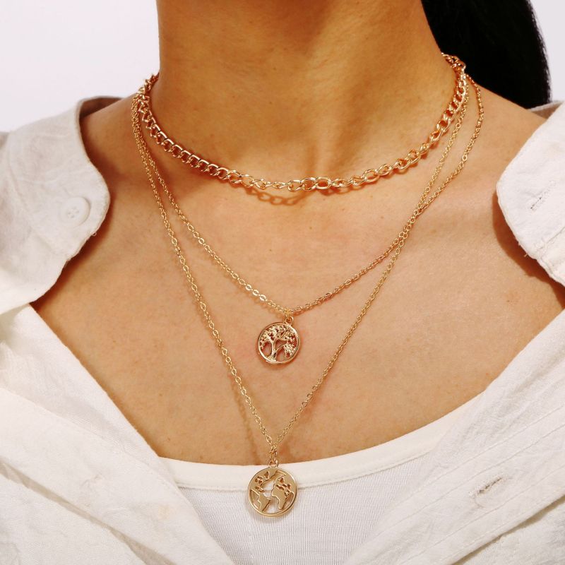 wholesale Amazon ins fashion life tree map gold long chain choker 3 multi layered necklace for women lady girls wholesale Amazon ins fashion life tree map gold long chain choker 3 multi layered necklace for women lady girls