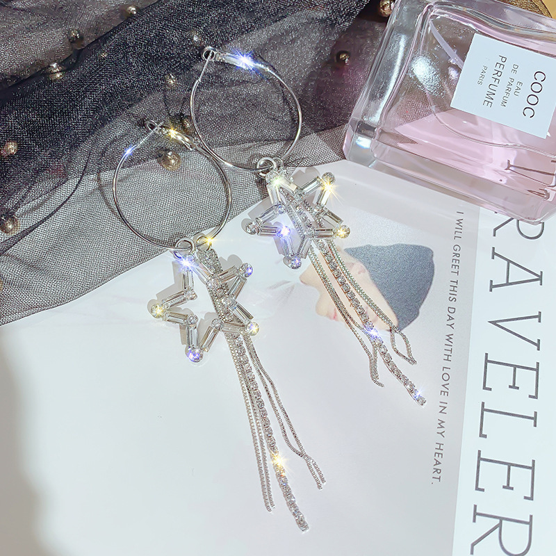 long tassel earrings s925 silver needle star rhinestone zircon pentagram earrings
