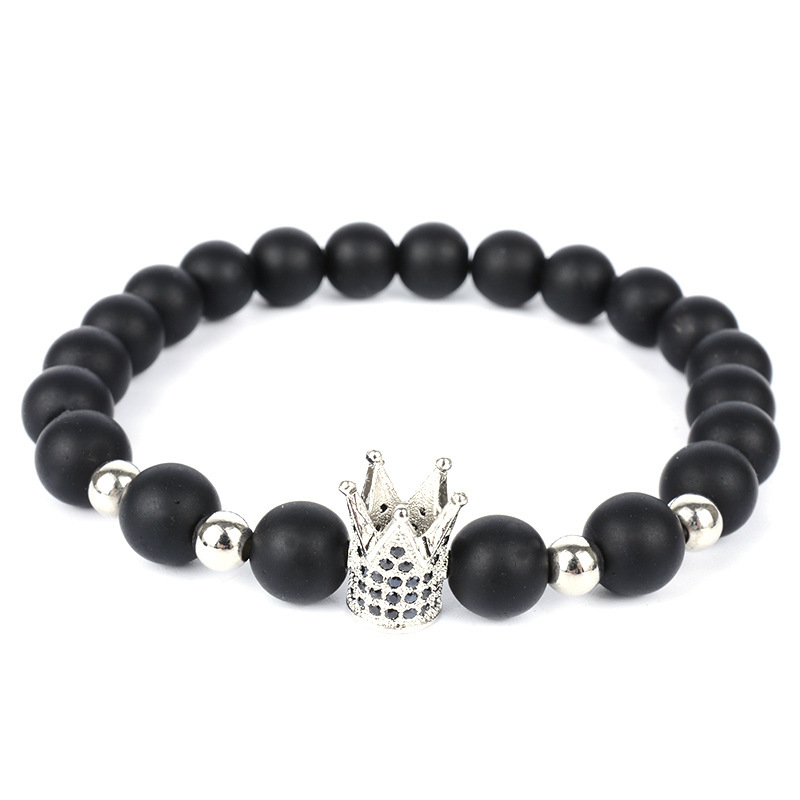 2020 New Arrival 8mm Black Natural Stones Rhinestone Men Crown Bead Bracelet For Gifts
