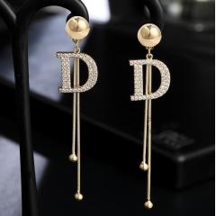 wholesale stylish bling bling letter D tassel alloy crystal earrings for women