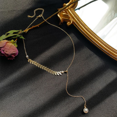 Ins Popular Fashion Fairy Willow Leaf Pendant Pearl Alloy Choker Necklace