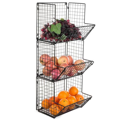 Kitchen household easy assemble metal wire mesh black 3 tier wall hanging food fruit storage basket for Bin Rack Bathroom Holder