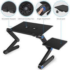 Home Working Use Aluminium Desktop Adjustable Portable Foldable Laptop Table Desk with Mouse Pad Cooling Fan Computer Stand
