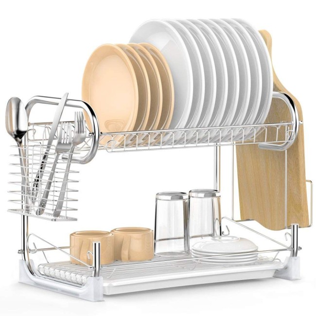 Cuisine humaine simple en gros fil métallique blanc à 2 niveaux au-dessus de l'évier étendoir à vaisselle pour bol de stockage