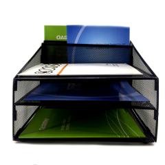 Organizador de documentos de escritorio con 3 bandejas horizontales de malla metálica y 2 bandejas verticales para archivadores