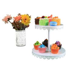 Hochwertiger runder 2-stöckiger Dessert-Kuchenständer aus weißem Metall für die Hochzeit, Party, Küche im Großhandel