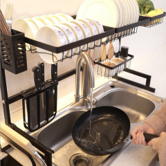 Wideny Großhandels-Multifunktions-Abtropfgestell über der Spüle, abnehmbarer Abfluss-Geschirrständer aus schwarzem Metall und Edelstahl für die faltbare Küche