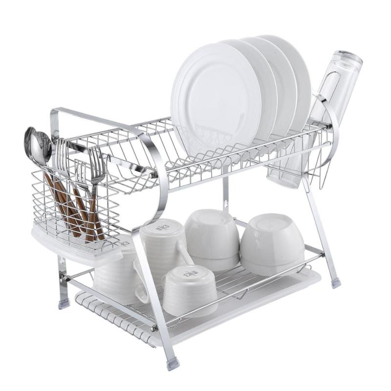 Home kichen R type folding 2 tiers metal dish drying rack with cup rack and hooks