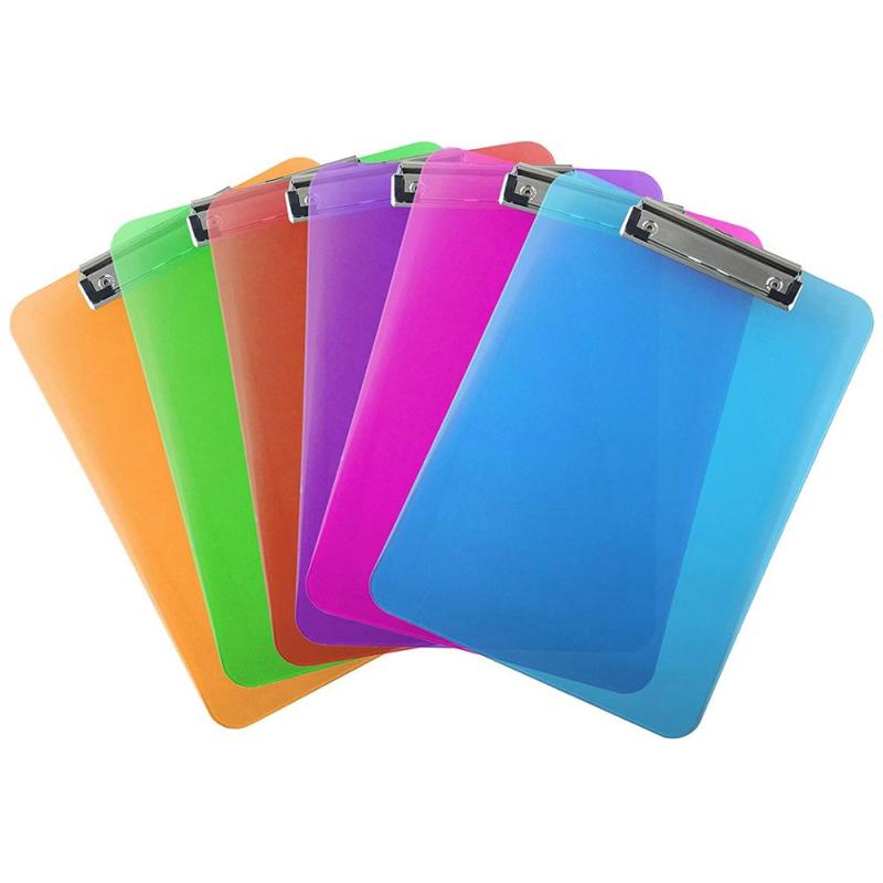 Custom Colorful Transparent mix assorted colors a4 Size Storage letter plastic clip board clipboard with low profile clip