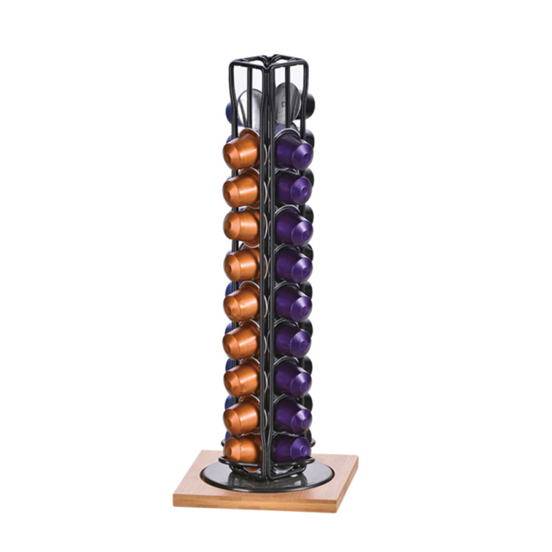 Wideny New Design Powder Coated 4 Layer Rotating Metal Wire Iron Office Cafe Coffee Cpsule Rack with Wood