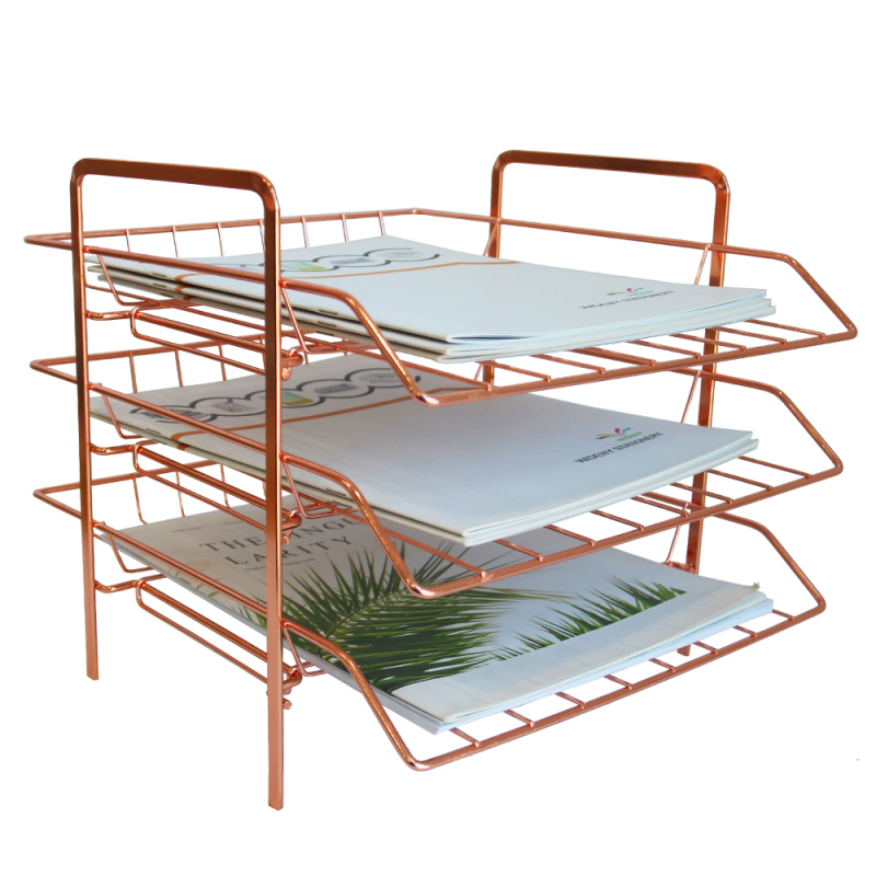 Wideny Folding Desktop 3 Tier Tray Organizer Wire Metal Copper Rose Gold Document Letter Tray