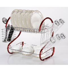 Home kitchen folding 2 tier tableware metal dish holder drying dish rack with tray