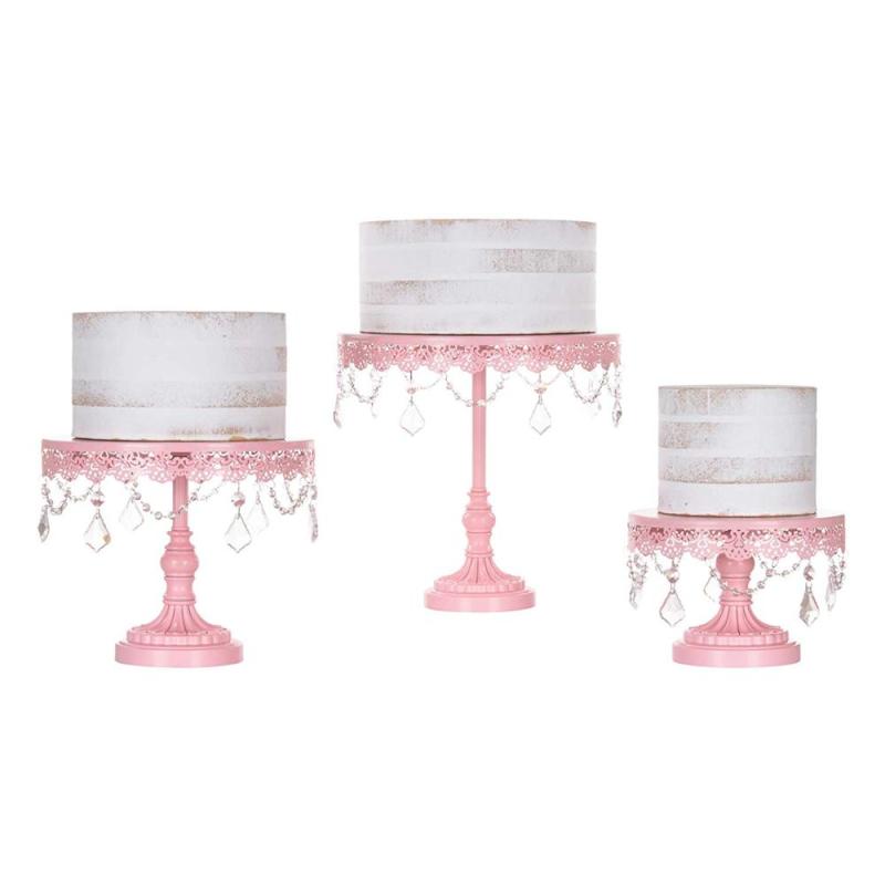 Set of 3 Cupcake Stand Round Pink Metal Iron Cake Stand With Crystal Beads for Wedding Party Birthday
