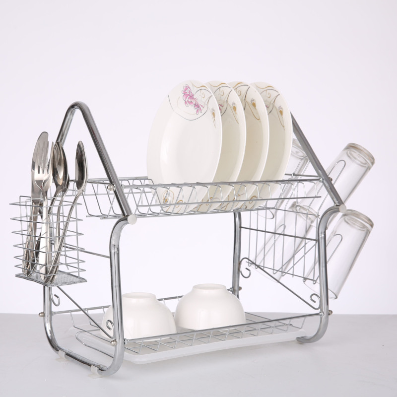 Household product high quality silver home kitchen storage 2 tiers folding metal dish rack with chopsticks rack