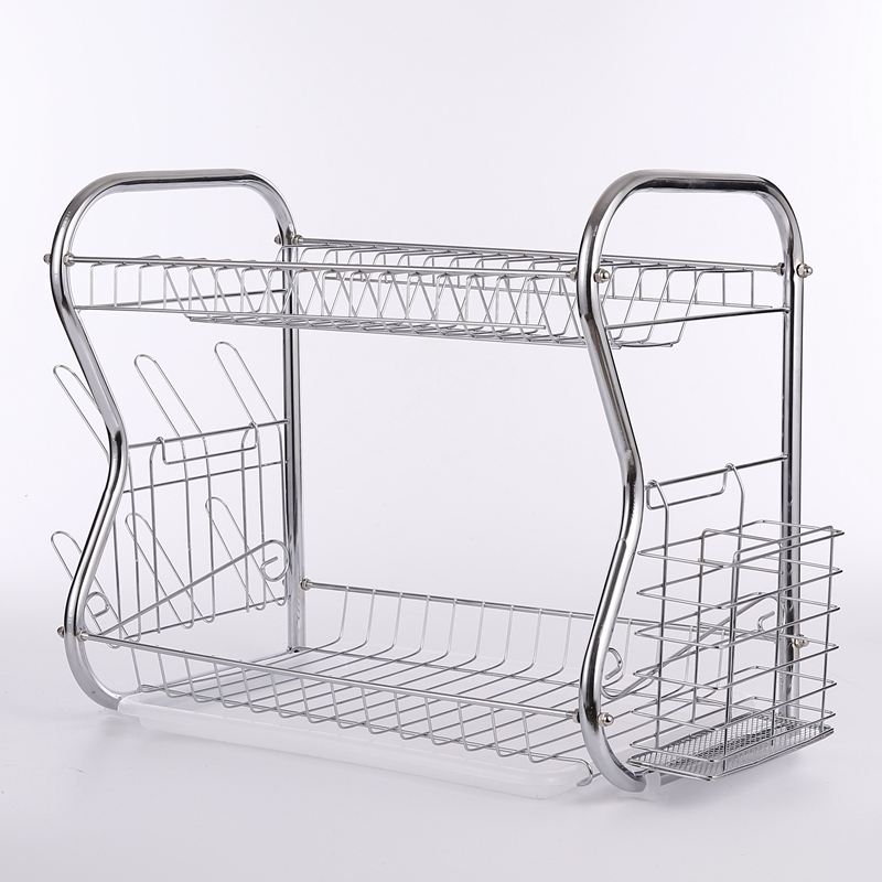 Fast Dispatch Mini Double Tier Bowl Kitchen Plate Drying Standing Mounted Metal Chrome Dish Rack