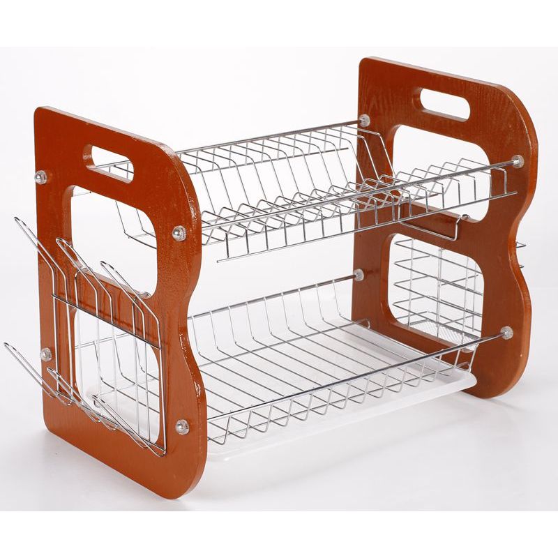 Custom Home kitchen display rack wood 2 tier dish drainer rack with cup and chopsticks holder
