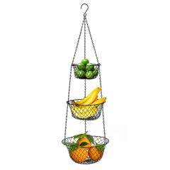 Crochet de suspension à chaîne en métal robuste à 3 niveaux et panier suspendu de stockage de fruits et légumes de cuisine en fil de fer rond amovible
