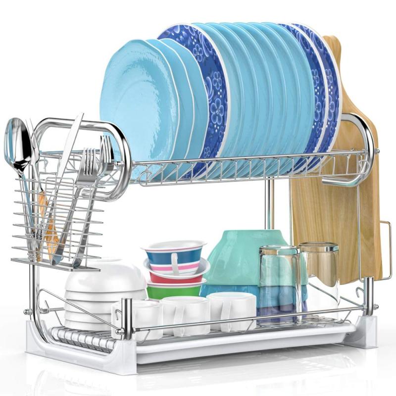 Wideny new high quality modern kitchen silvery metal 2 tier dish drying rack with tray