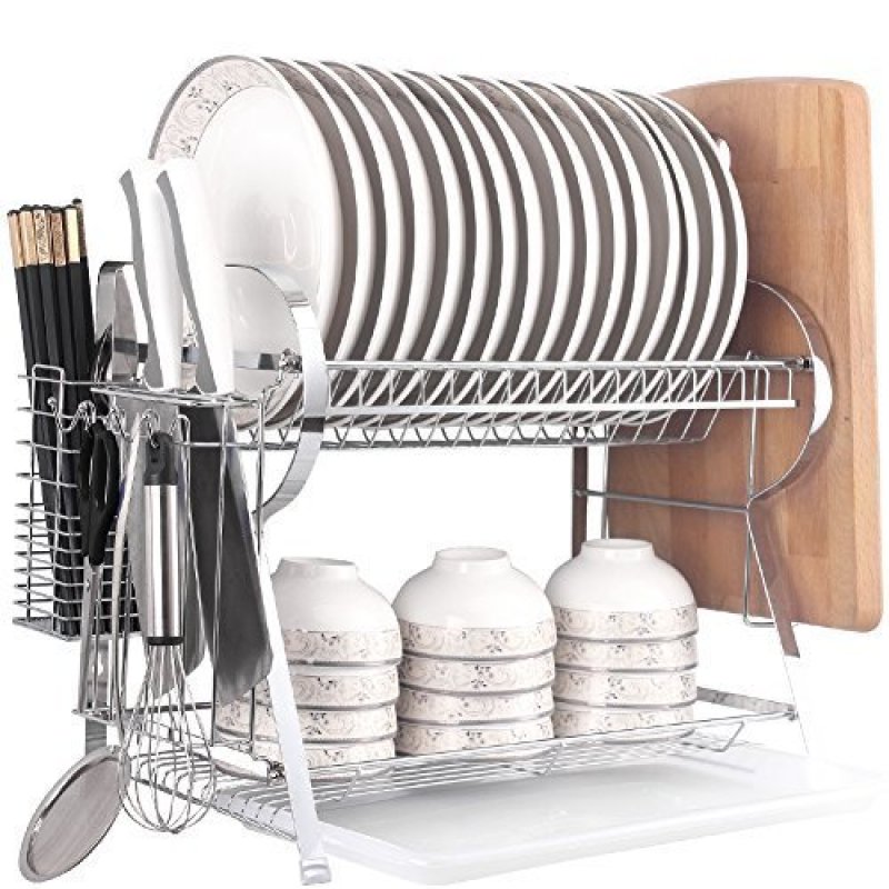 Home kichen R type folding 2 tiers metal dish drying rack with cup rack and hooks