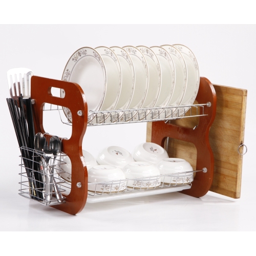 Custom Home kitchen display rack wood 2 tier dish drainer rack with cup and chopsticks holder