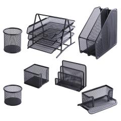 School office supply stationery Wideny powder coated metal wire mesh 7pcs 3 tier file tray storage organizer desk set