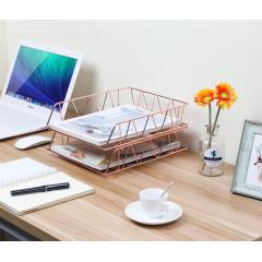 Office & school Iron Mesh Desk Desktop Rose Gold stackable folding 2-tier paper A4 document metal File Tray