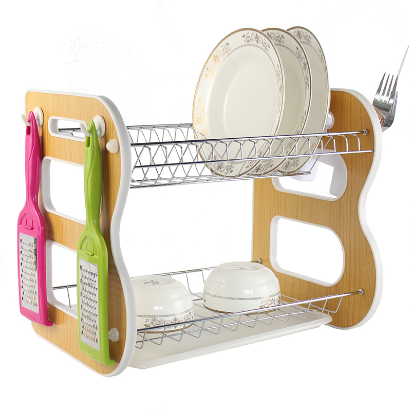 Wholesale High Quality Kitchen Durable Wooden Panel Side 2 Tier Metal Dish Rack