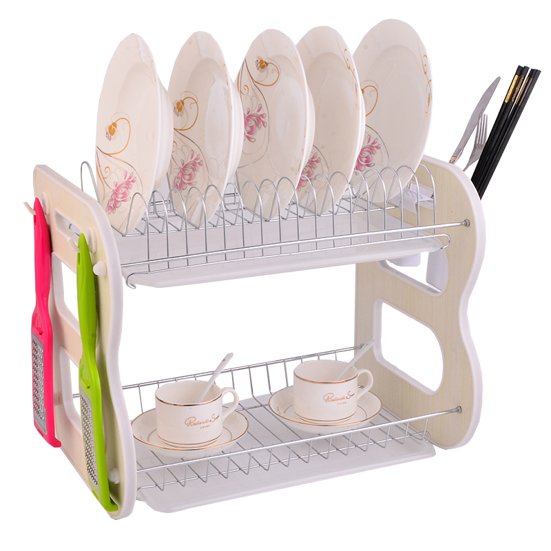 Wholesale High Quality Kitchen Durable Wooden Panel Side 2 Tier Metal Dish Rack