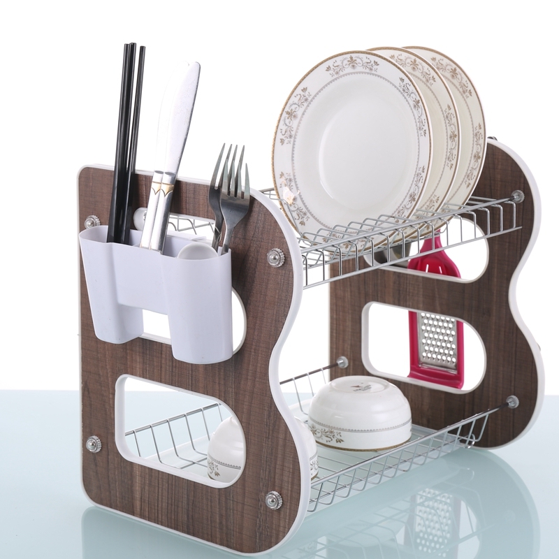 Wideny 2 tier B shape kitchenware drainer dish rack with MDF wooden board