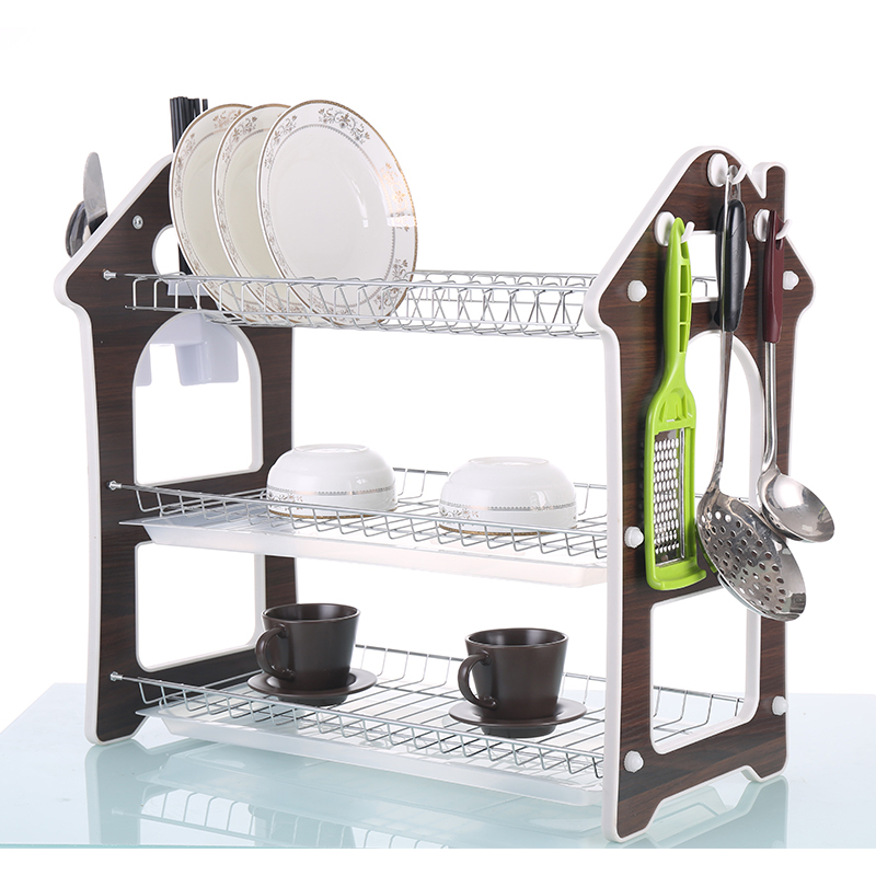 Home kitchen organizer 3 tier metal wooden dish drainer rack with hooks and chopsticks holder