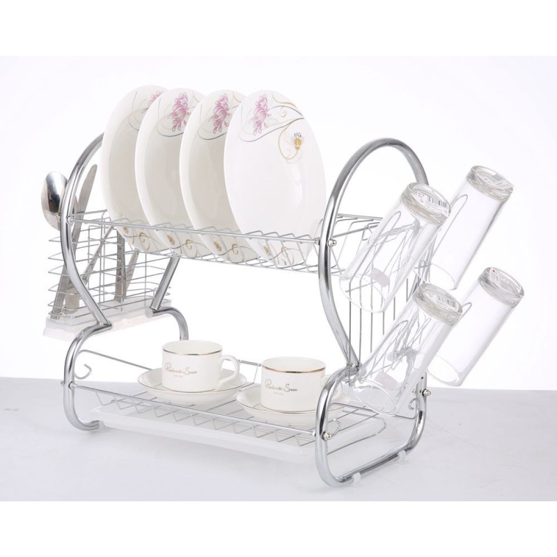 Fast Dispatch Mini Double Tier Bowl Kitchen Plate Drying Standing Mounted Metal Chrome Dish Rack
