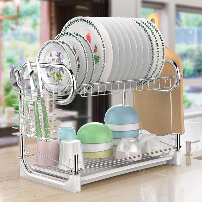 Wideny new high quality modern kitchen silvery metal 2 tier dish drying rack with tray