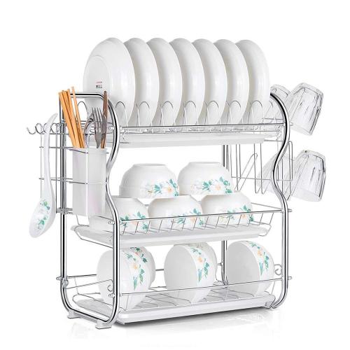 Kitchen Use Large Capacity Stainless Steel 3-Tier Chrome Plated Metal Wire Dish Drying Rack for Cutlery Cup Bowl