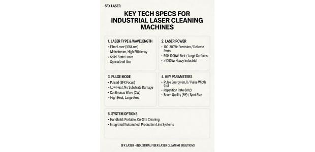 What are the key technical specifications to compare when selecting an industrial laser cleaning machine?