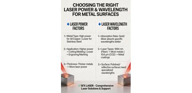 What factors should be considered for choosing the right laser power and wavelength for different metal surfaces?