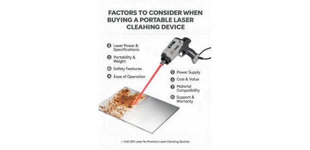 What factors should be considered when buying a portable laser cleaning device for maintenance work?