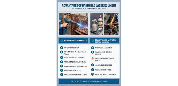 What are the advantages of handheld laser equipment over traditional cleaning and welding methods?