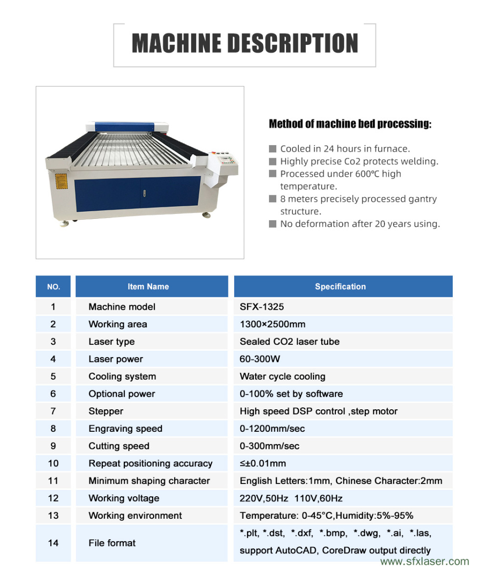 Grabador láser cortador láser CO130 150W / 180W / 220W / 300W / 2W con banco de trabajo de 1300 × 2500 mm y enfriador de agua S&A Grabador láser cortador láser CO130 150W / 180W / 220W / 300W / 2W con banco de trabajo de 1300 × 2500 mm y enfriador de agua S&A