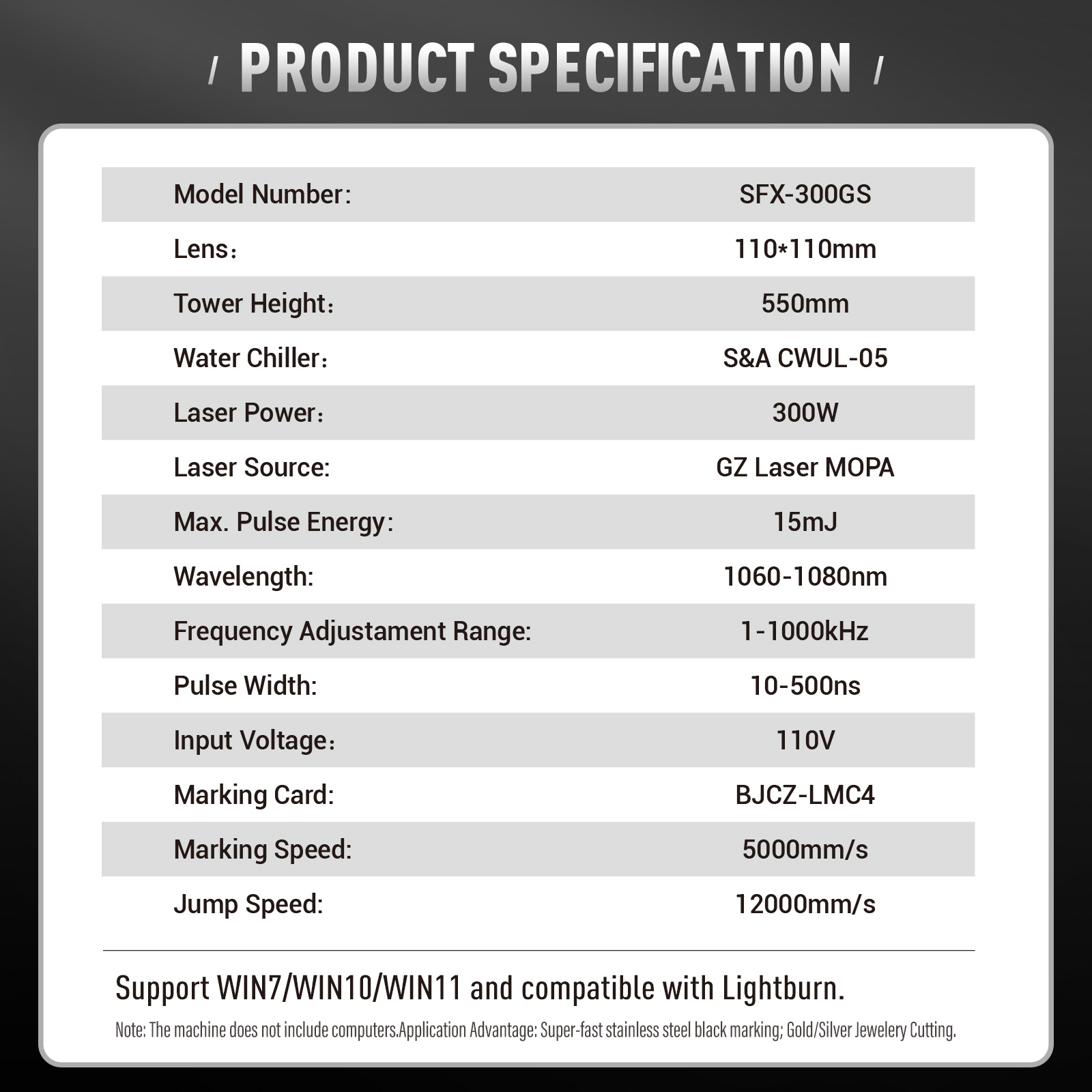 SFX 300W MOPA Desktop Laser Marking Machine Fiber Laser Metal Engraver with 110*110mm Marking Area