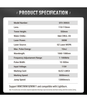 Máquina de marcado láser de escritorio MOPA SFX de 300 W, grabador láser de fibra para metales con área de marcado de 110 x 110 mm