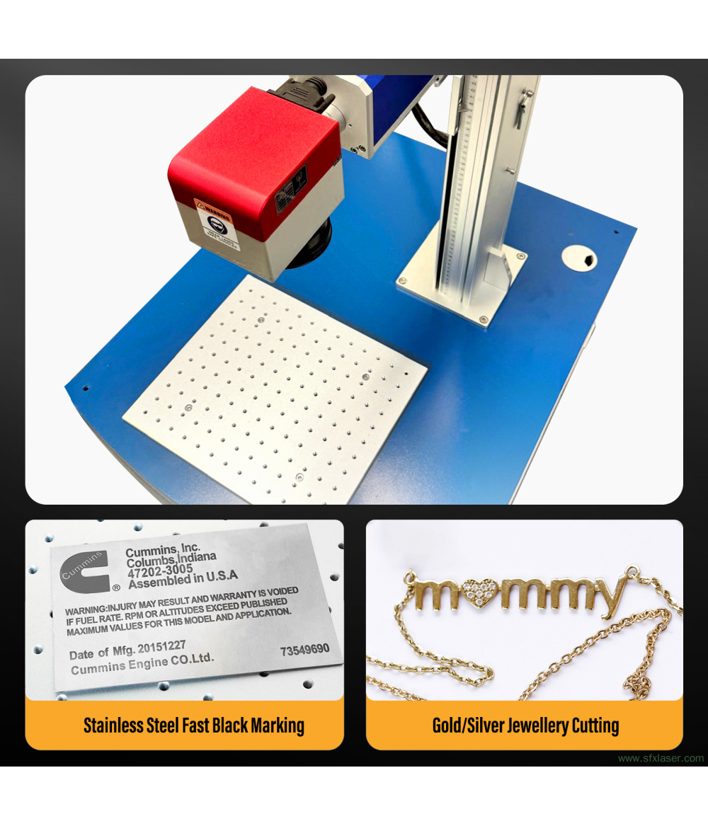Máquina de marcado láser de escritorio MOPA SFX de 300 W, grabador láser de fibra para metales con área de marcado de 110 x 110 mm Máquina de marcado láser de escritorio MOPA SFX de 300 W, grabador láser de fibra para metales con área de marcado de 110 x 110 mm