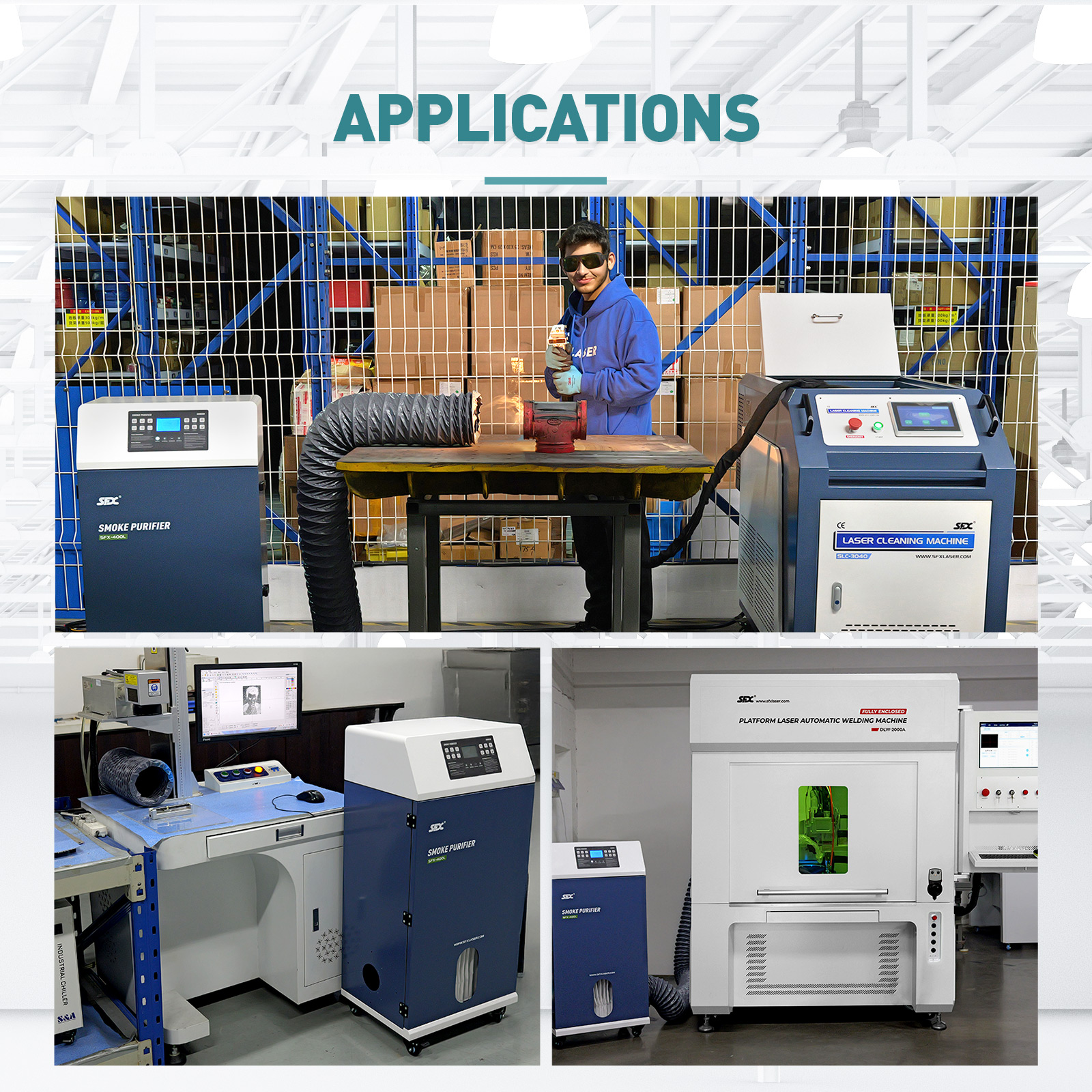 Purificador de humos para máquina de limpieza láser SFX-400L. Extractor de humos para limpieza, soldadura, corte y grabado láser.