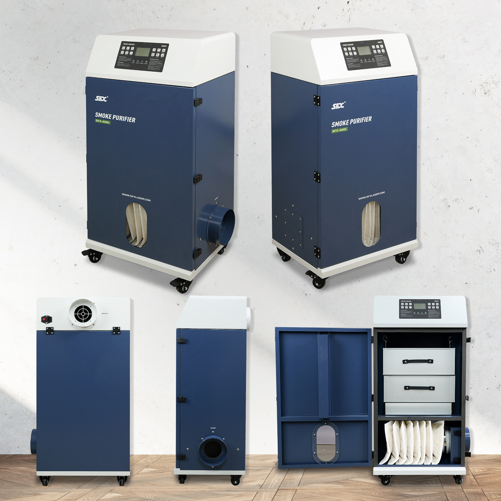 Purificador de humos para máquina de limpieza láser SFX-400L. Extractor de humos para limpieza, soldadura, corte y grabado láser.