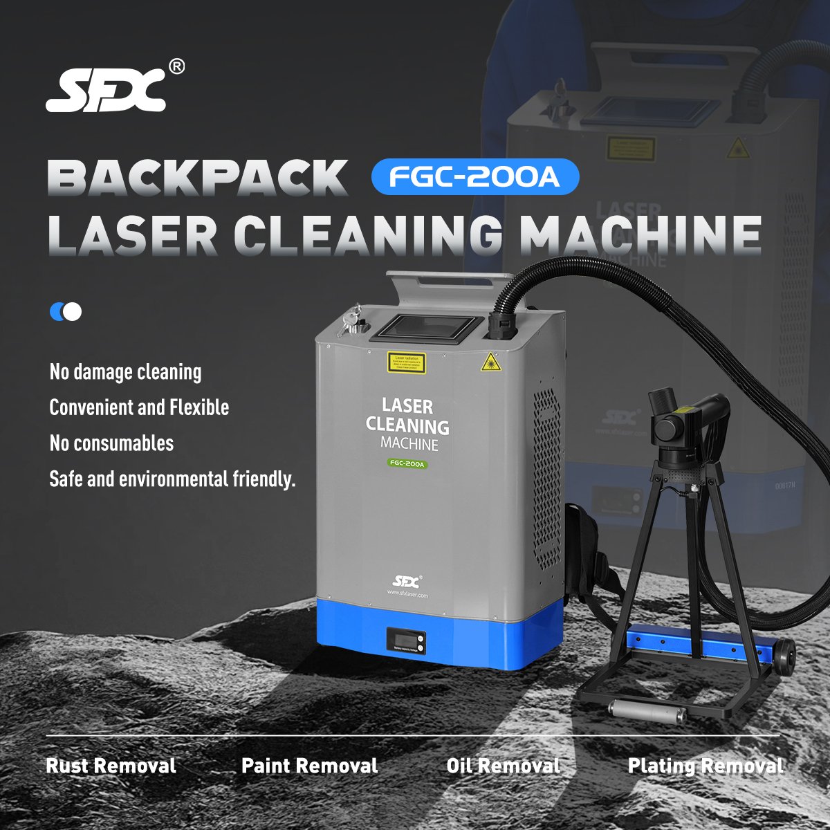 Máquina de limpieza láser de mochila autopropulsada SFX 200W, limpiador láser de pulso, removedor de pintura de óxido