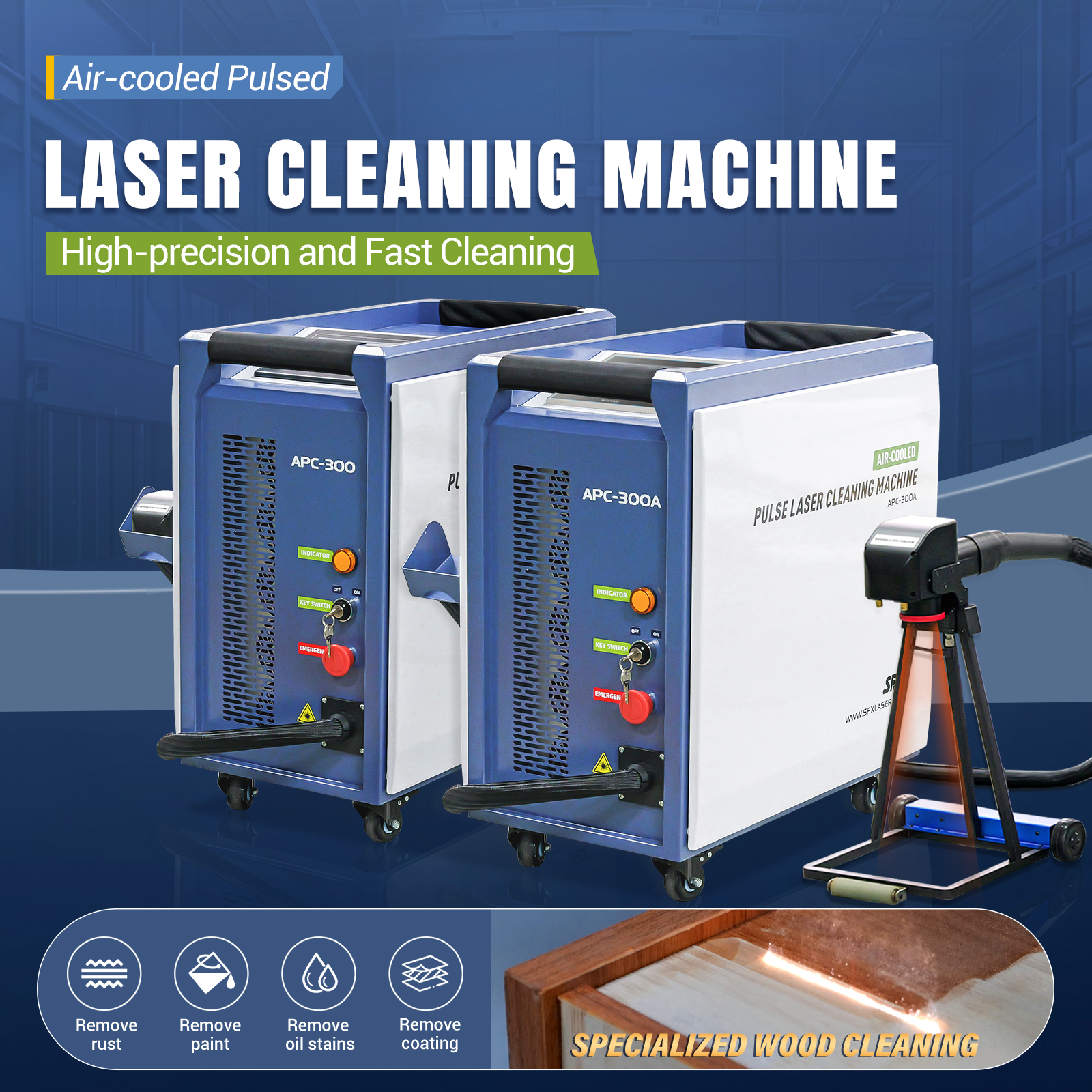 Machine de nettoyage laser à impulsion refroidie par air SFX 200 W 300 W Machine professionnelle de nettoyage du bois au laser Décapant de peinture antirouille au laser