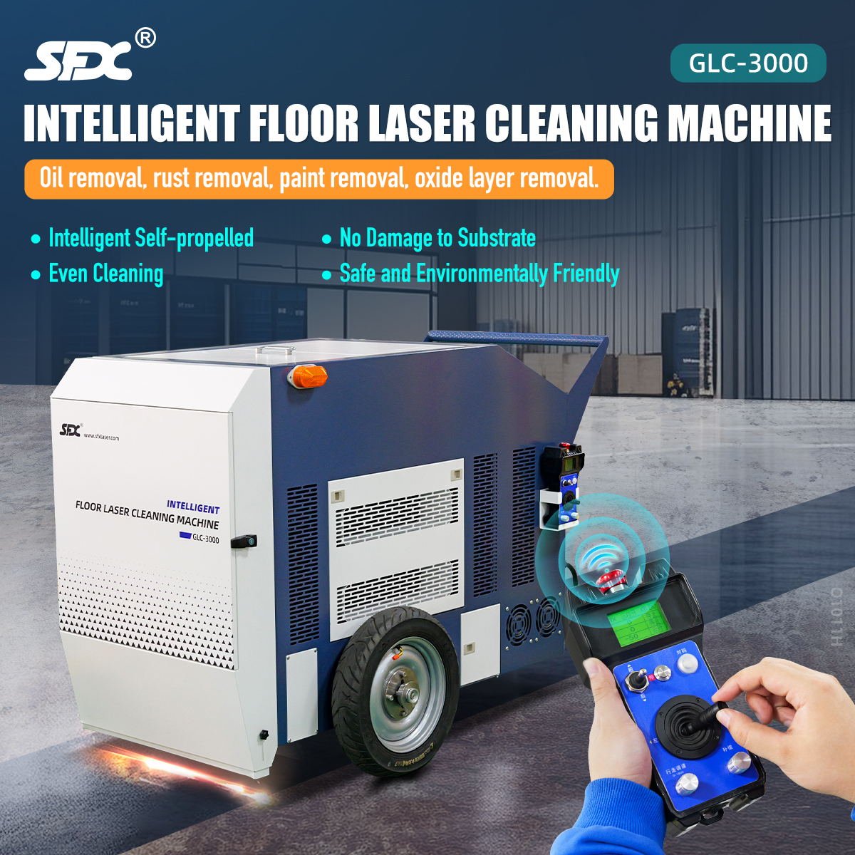 Máquina de limpieza láser inteligente para pisos SFX de 3000 W para pisos de metal, hormigón y piedra, eliminación de pintura, óxido y aceite, removedor de óxido láser para placas de acero grandes