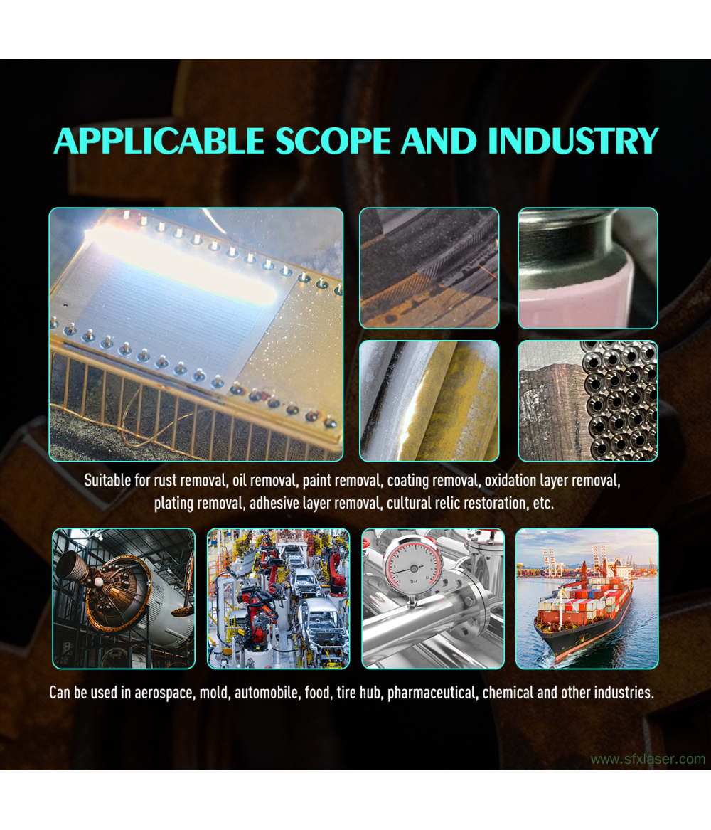 Máquina de limpieza láser de pulsos de 500 W y 1000 W para la eliminación de óxido metálico, pintura, aceite y recubrimientos en la industria aeroespacial y automotriz. Máquina de limpieza láser de pulsos de 500 W y 1000 W para la eliminación de óxido metálico, pintura, aceite y recubrimientos en la industria aeroespacial y automotriz.