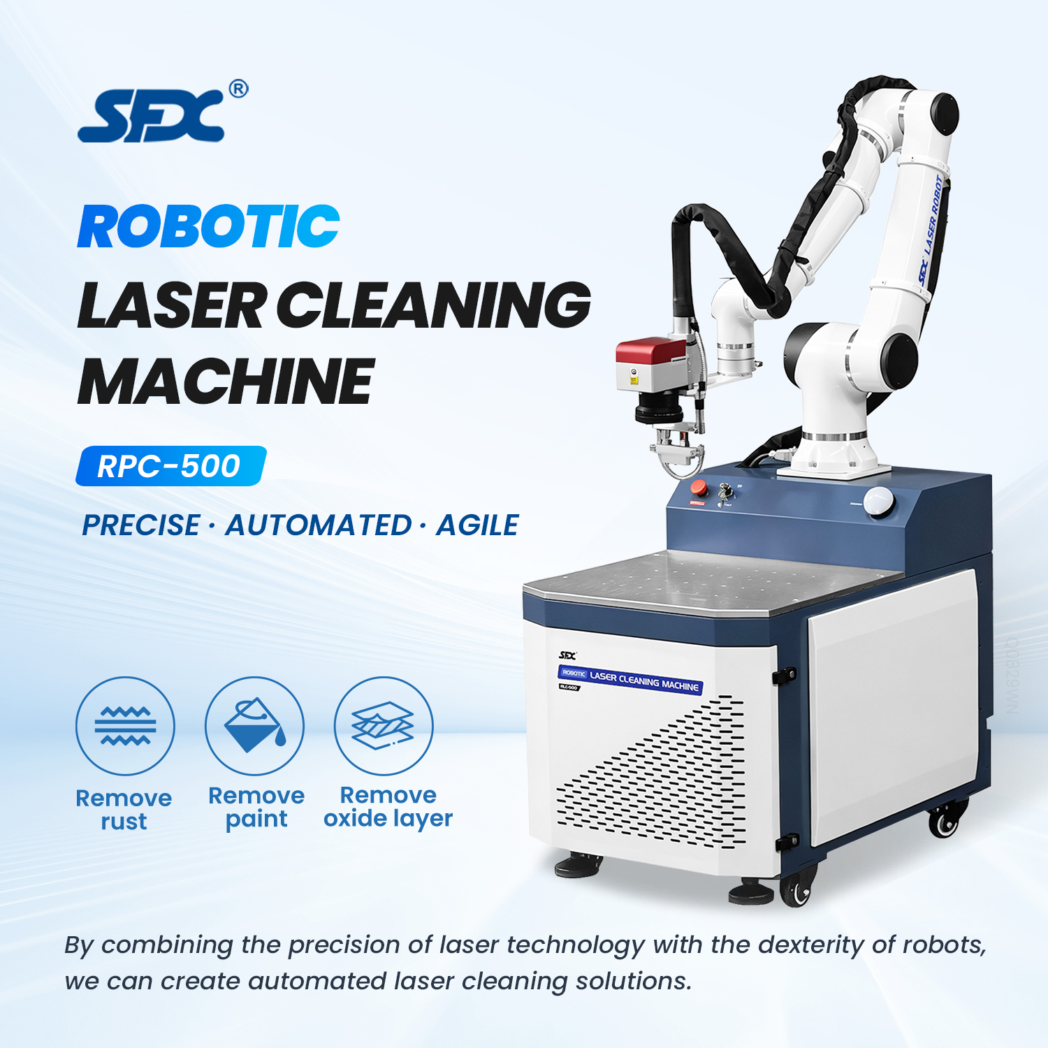 SFX 500W Robotic Laser Cleaning Machine Precision 6-Axis Automated Rust Paint Oxide Layer Laser Cleaning Solution