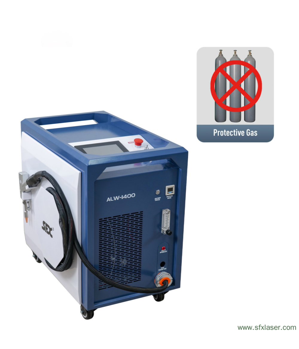 Máquina de soldagem a laser portátil SFX 1400W com refrigeração a ar e geração automática de gás, modelo ALW-1400. Máquina de soldagem a laser portátil SFX 1400W com refrigeração a ar e geração automática de gás, modelo ALW-1400.